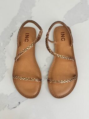 INC International Concepts Tan Sandals with Gold Chain-Strap Detail